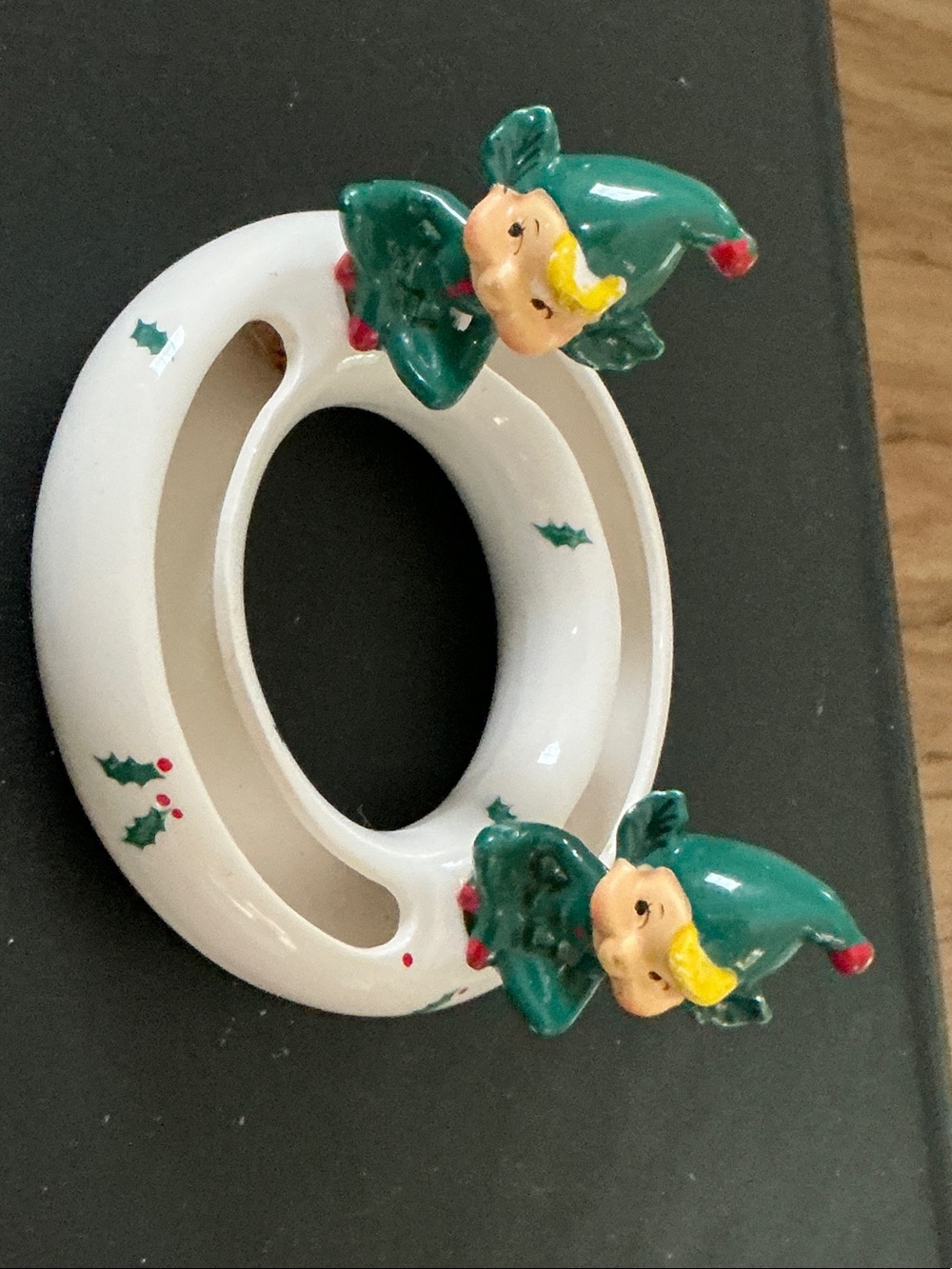 Holiday Elf Ceramic Napkin Ring Set - White and Green